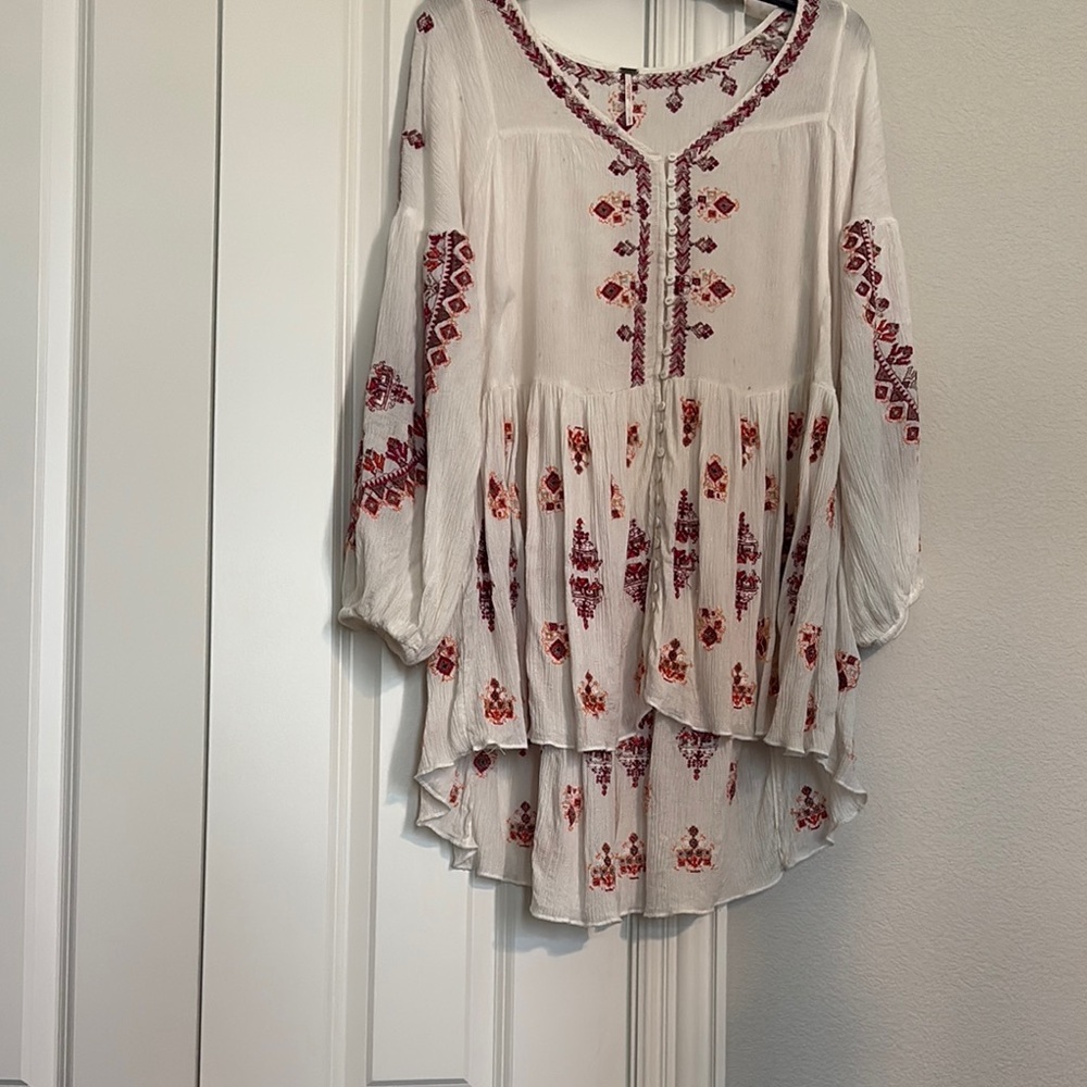 Free people Bohemian White and Red Embroidered Blouse